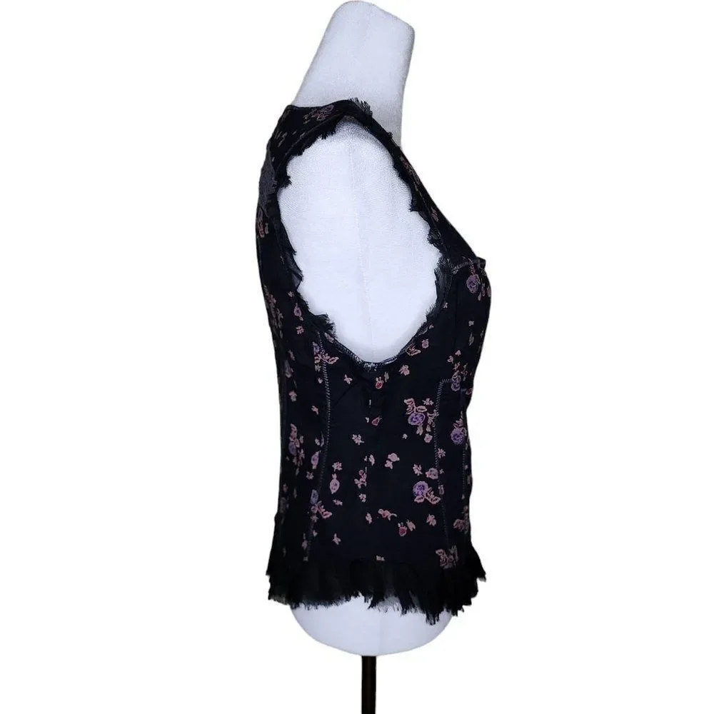 Vintage Y2K Corset Vest Womens Size 10 Black Floral Ruffles Boning - Picture 2 of 8